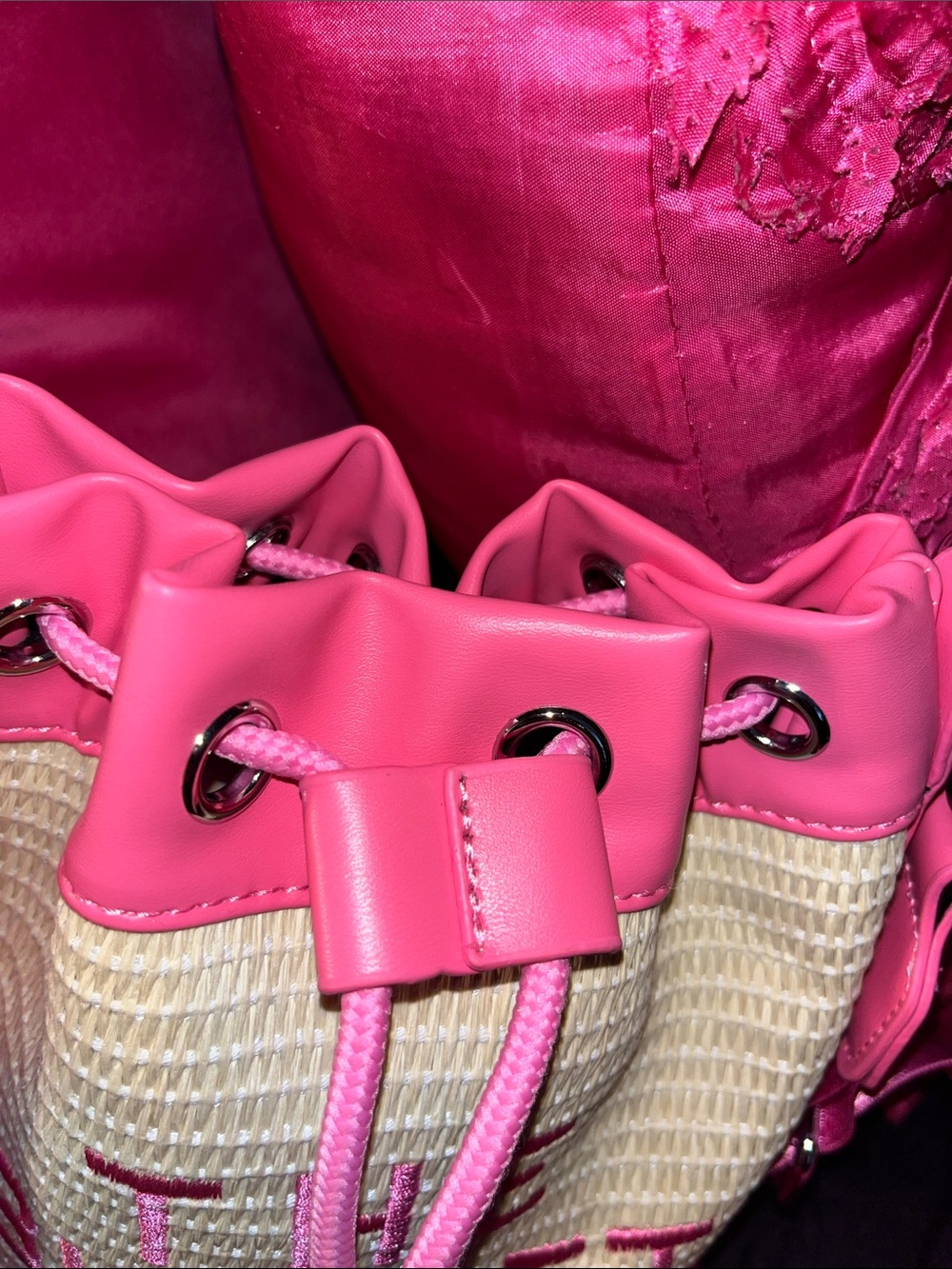 The Bucket Pink Straw Bucket Bag with Pink Trim - Picture 3 of 4